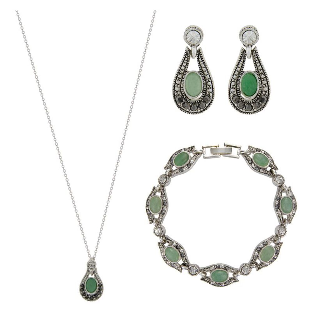 Genuine Aventurine Pendant Necklace, Earrings and Bracelet Silver Toned Jewelry
